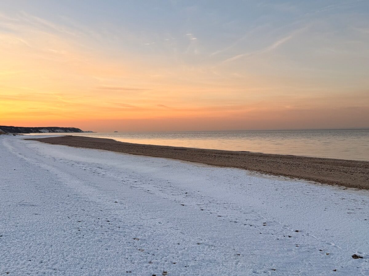 Ocean House private beach in winter with Long Island Sound views — year-round oceanfront villa rental, North Shore NY